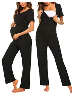 Women's Maternity Nursing Pajamas Sets Breastfeeding Printed Sleepwear Short Sleeve 2 Pcs Henley Top and Pants Set