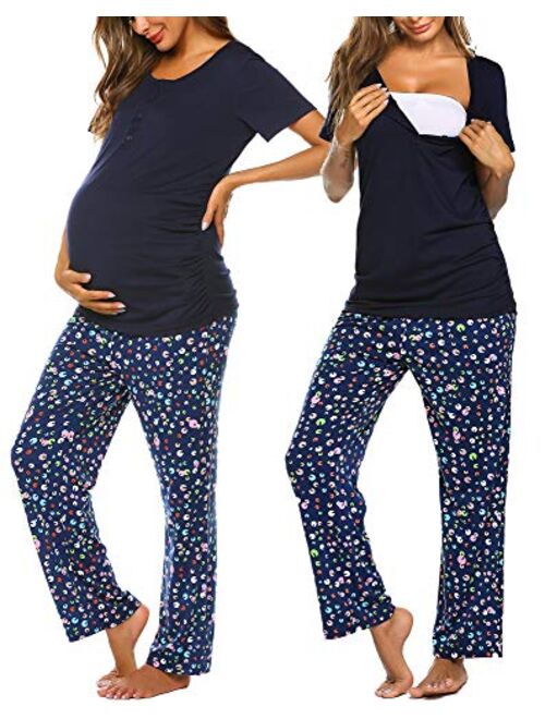 Ekouaer Women's Maternity Nursing Pajamas Sets Breastfeeding Printed Sleepwear Short Sleeve 2 Pcs Henley Top and Pants Set