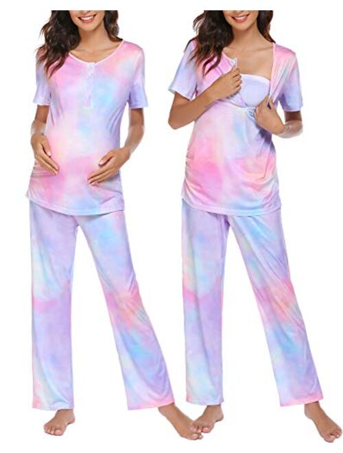 Ekouaer Women's Maternity Nursing Pajamas Sets Breastfeeding Printed Sleepwear Short Sleeve 2 Pcs Henley Top and Pants Set