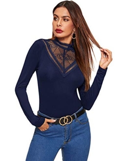 Women's Long Sleeve Contrast Sheer Mesh Slim Fit T Shirt Tops