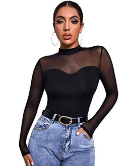 Women's Long Sleeve Contrast Sheer Mesh Slim Fit T Shirt Tops