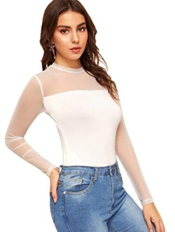 Women's Long Sleeve Contrast Sheer Mesh Slim Fit T Shirt Tops