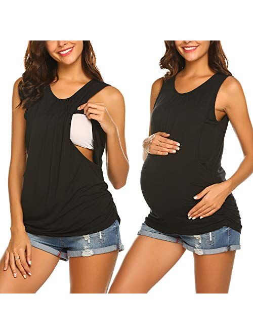 Ekouaer Women's Maternity Nursing Top Breastfeeding Tank Top Tee Shirt Double Layer Sleeveless Pregnancy Shirt