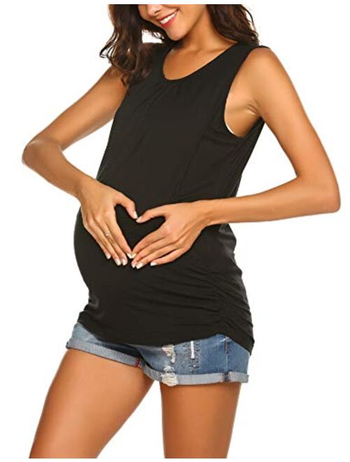 Ekouaer Women's Maternity Nursing Top Breastfeeding Tank Top Tee Shirt Double Layer Sleeveless Pregnancy Shirt