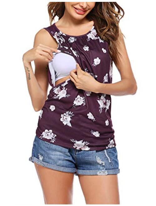 Ekouaer Women's Maternity Nursing Top Breastfeeding Tank Top Tee Shirt Double Layer Sleeveless Pregnancy Shirt