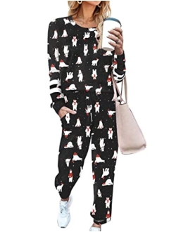 Women's Long Sleeve Pajamas Set with Pockets O Neck Sleepwear Lounge Nightwear (S-XXL)