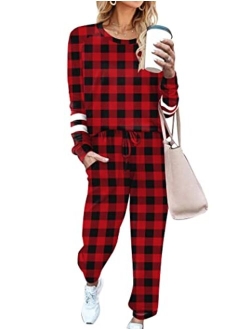 Women's Long Sleeve Pajamas Set with Pockets O Neck Sleepwear Lounge Nightwear (S-XXL)