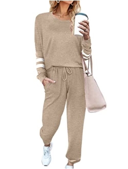 Women's Long Sleeve Pajamas Set with Pockets O Neck Sleepwear Lounge Nightwear (S-XXL)