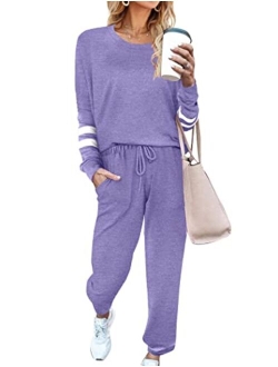 Women's Long Sleeve Pajamas Set with Pockets O Neck Sleepwear Lounge Nightwear (S-XXL)