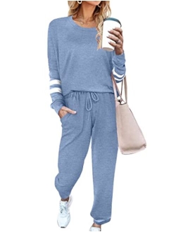Women's Long Sleeve Pajamas Set with Pockets O Neck Sleepwear Lounge Nightwear (S-XXL)