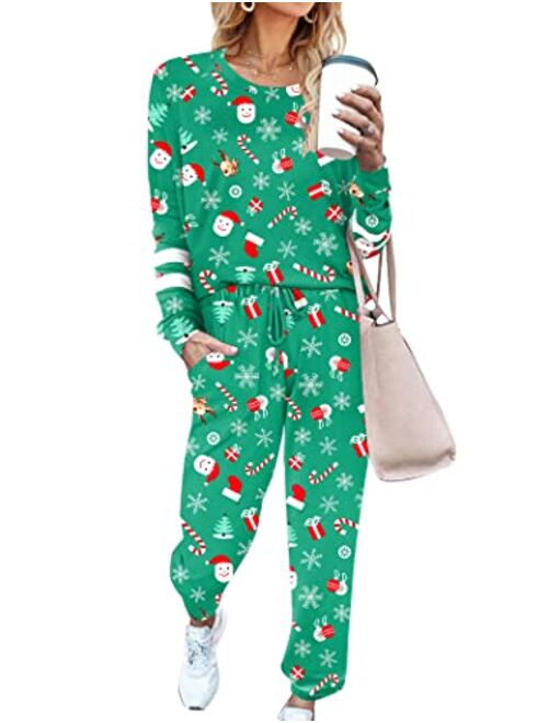 Ekouaer Women's Long Sleeve Pajamas Set with Pockets O Neck Sleepwear Lounge Nightwear (S-XXL)