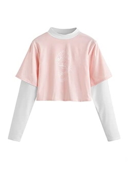 Women's Color Block Butterfly Print Striped Long Sleeve Crop Top T Shirt