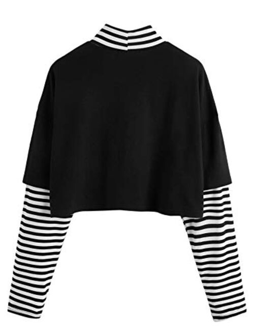 SweatyRocks Women's Color Block Butterfly Print Striped Long Sleeve Crop Top T Shirt