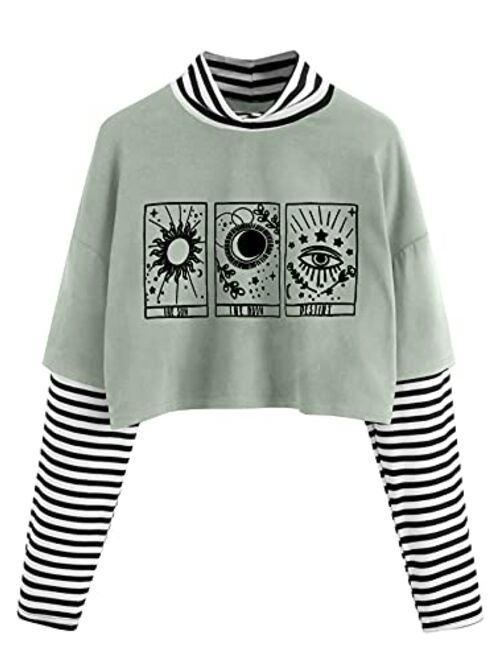 SweatyRocks Women's Color Block Butterfly Print Striped Long Sleeve Crop Top T Shirt