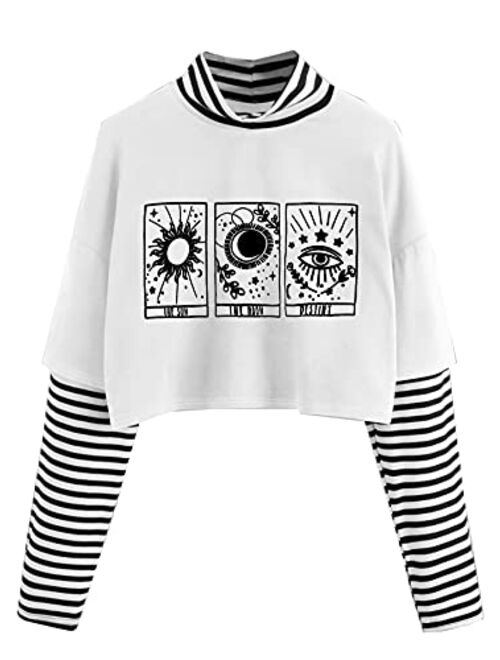 SweatyRocks Women's Color Block Butterfly Print Striped Long Sleeve Crop Top T Shirt