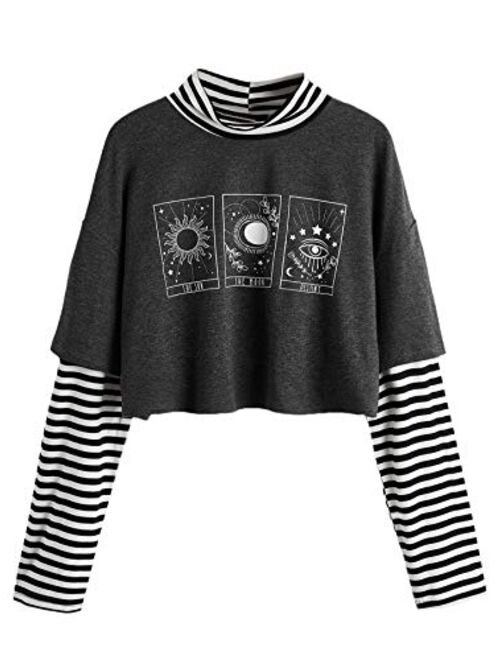 SweatyRocks Women's Color Block Butterfly Print Striped Long Sleeve Crop Top T Shirt