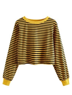 Women's Casual Long Sleeve Striped Cropped T-Shirt Casual Crop Tee Top