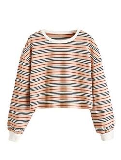 Women's Casual Long Sleeve Striped Cropped T-Shirt Casual Crop Tee Top