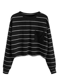 Women's Casual Long Sleeve Striped Cropped T-Shirt Casual Crop Tee Top