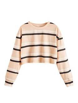 Women's Casual Long Sleeve Striped Cropped T-Shirt Casual Crop Tee Top