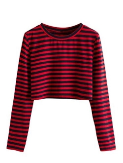 Women's Casual Long Sleeve Striped Cropped T-Shirt Casual Crop Tee Top