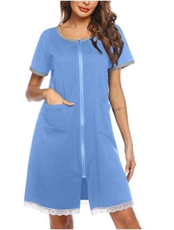 Womens Zip Front Robes Lightweight House Coat Zipper Nightgown(S-XXL)