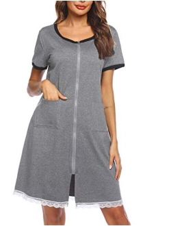 Womens Zip Front Robes Lightweight House Coat Zipper Nightgown(S-XXL)