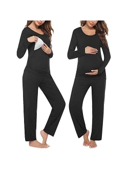 Women's Maternity Nursing Pajama Set Breastfeeding Sleepwear Set Double Layer Short Sleeve Top & Pants Pregnancy PJS