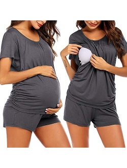 Women's Maternity Nursing Pajama Set Breastfeeding Sleepwear Set Double Layer Short Sleeve Top & Pants Pregnancy PJS