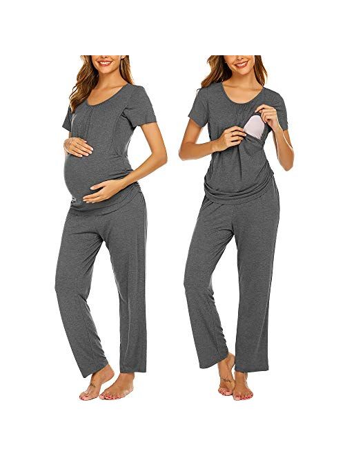 Ekouaer Women's Maternity Nursing Pajama Set Breastfeeding Sleepwear Set Double Layer Short Sleeve Top & Pants Pregnancy PJS