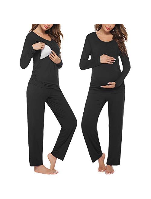 Ekouaer Women's Maternity Nursing Pajama Set Breastfeeding Sleepwear Set Double Layer Short Sleeve Top & Pants Pregnancy PJS