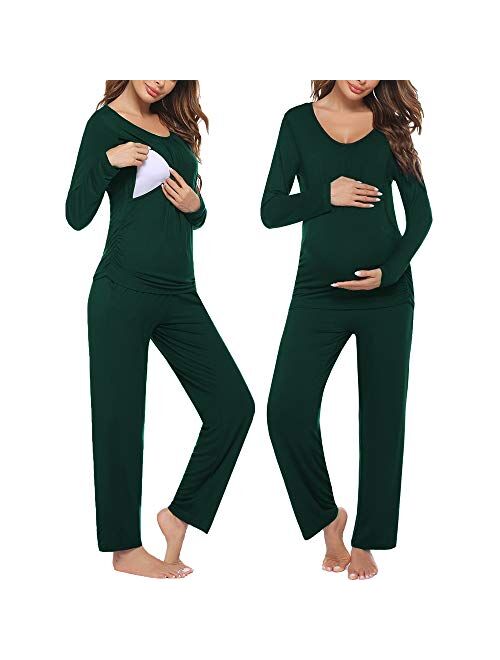 Ekouaer Women's Maternity Nursing Pajama Set Breastfeeding Sleepwear Set Double Layer Short Sleeve Top & Pants Pregnancy PJS