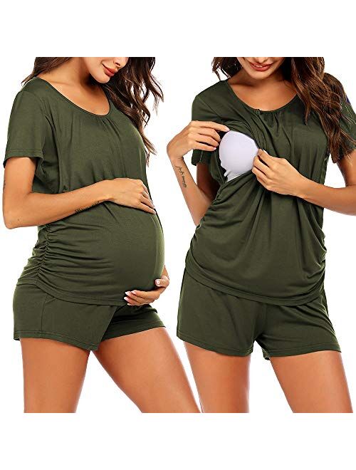 Ekouaer Women's Maternity Nursing Pajama Set Breastfeeding Sleepwear Set Double Layer Short Sleeve Top & Pants Pregnancy PJS