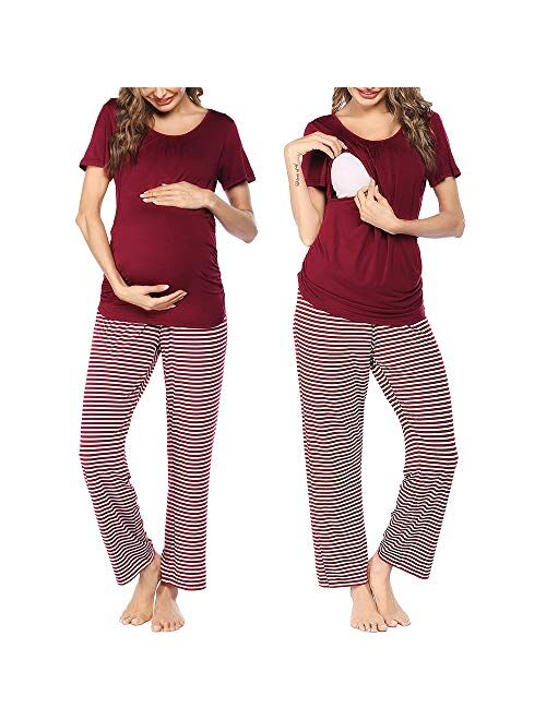 Ekouaer Women's Maternity Nursing Pajama Set Breastfeeding Sleepwear Set Double Layer Short Sleeve Top & Pants Pregnancy PJS