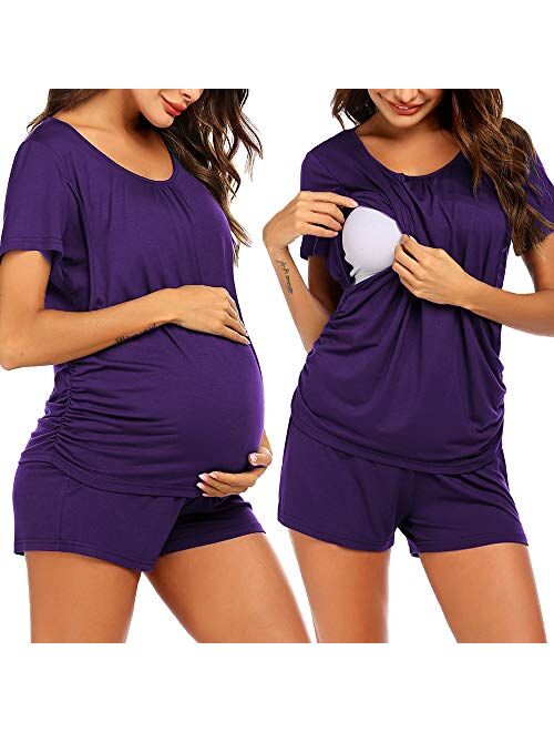 Ekouaer Women's Maternity Nursing Pajama Set Breastfeeding Sleepwear Set Double Layer Short Sleeve Top & Pants Pregnancy PJS