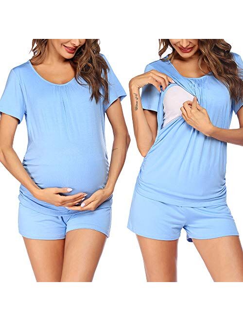 Ekouaer Women's Maternity Nursing Pajama Set Breastfeeding Sleepwear Set Double Layer Short Sleeve Top & Pants Pregnancy PJS