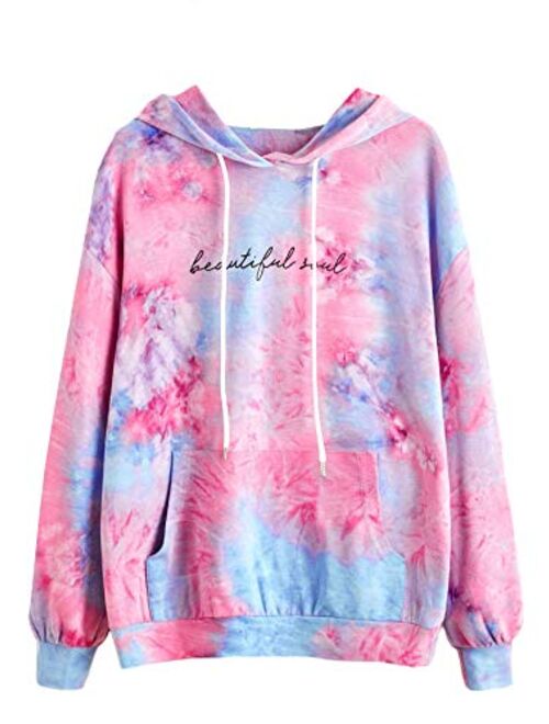 SweatyRocks Women's Planet Print Varsity Striped Drawstring Pullover Sweatshirt Hoodies Tops