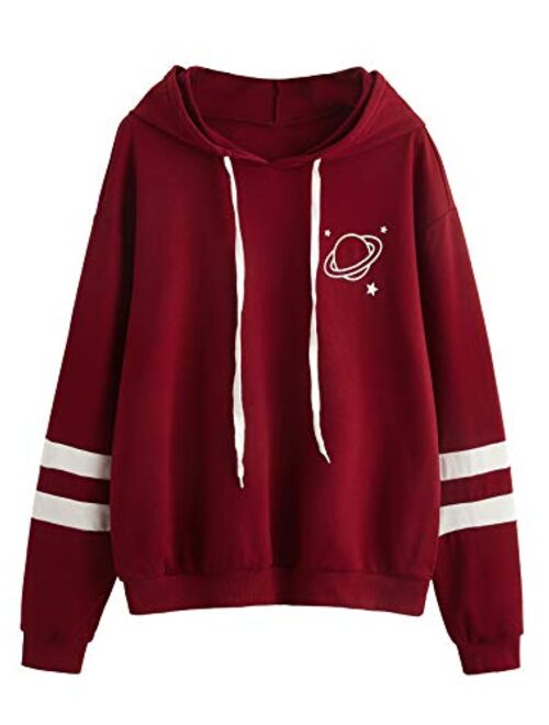 SweatyRocks Women's Planet Print Varsity Striped Drawstring Pullover Sweatshirt Hoodies Tops