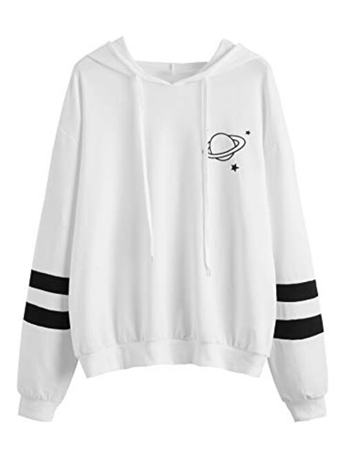 SweatyRocks Women's Planet Print Varsity Striped Drawstring Pullover Sweatshirt Hoodies Tops