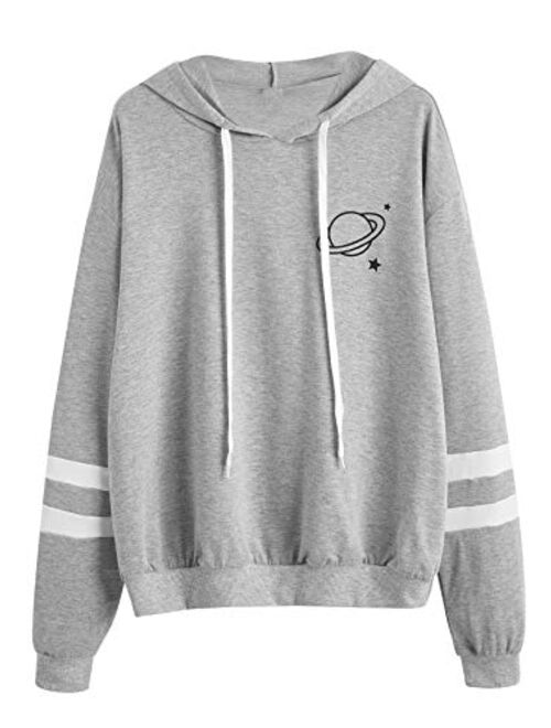 SweatyRocks Women's Planet Print Varsity Striped Drawstring Pullover Sweatshirt Hoodies Tops