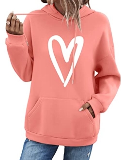 Women's Casual Heart Print Long Sleeve Pullover Hoodie Sweatshirt Tops