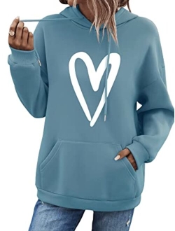 Women's Casual Heart Print Long Sleeve Pullover Hoodie Sweatshirt Tops