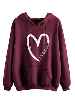 Women's Casual Heart Print Long Sleeve Pullover Hoodie Sweatshirt Tops