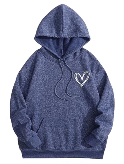 Women's Casual Heart Print Long Sleeve Pullover Hoodie Sweatshirt Tops