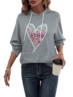 Women's Casual Heart Print Long Sleeve Pullover Hoodie Sweatshirt Tops