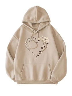 Women's Casual Heart Print Long Sleeve Pullover Hoodie Sweatshirt Tops