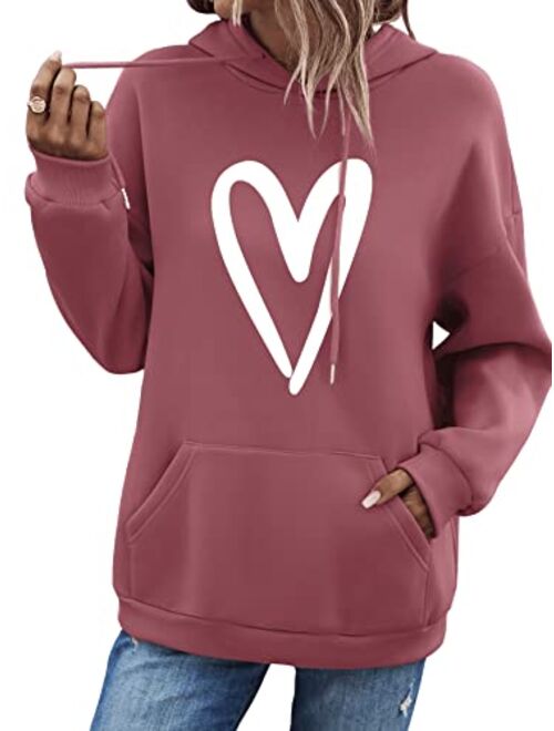 SweatyRocks Women's Casual Heart Print Long Sleeve Pullover Hoodie Sweatshirt Tops