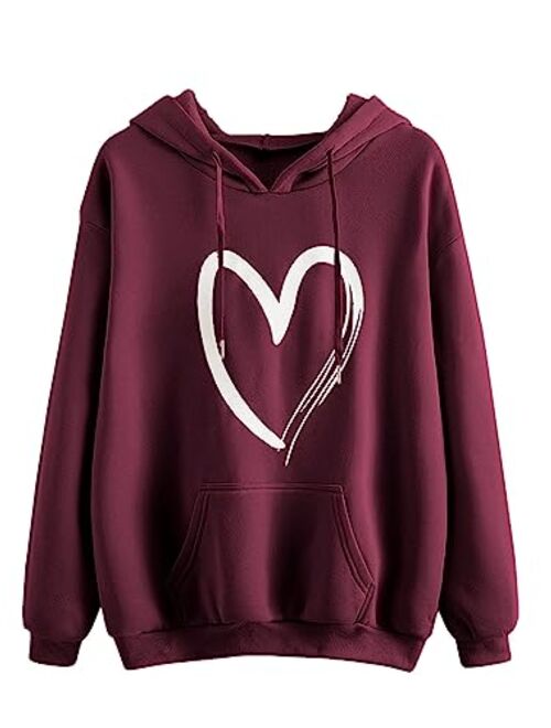 SweatyRocks Women's Casual Heart Print Long Sleeve Pullover Hoodie Sweatshirt Tops