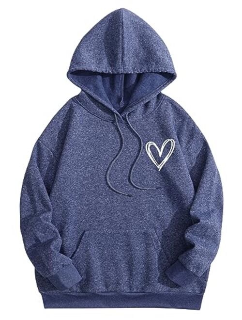 SweatyRocks Women's Casual Heart Print Long Sleeve Pullover Hoodie Sweatshirt Tops