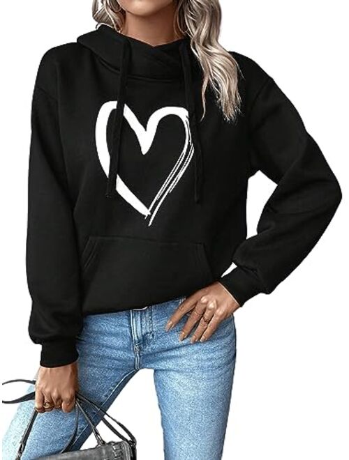 SweatyRocks Women's Casual Heart Print Long Sleeve Pullover Hoodie Sweatshirt Tops